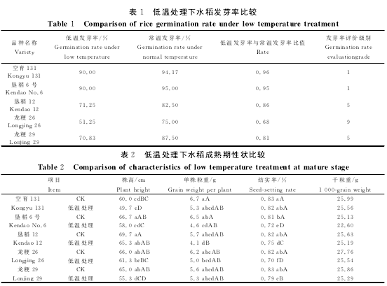 表1 低温处理下水稻发芽率比较